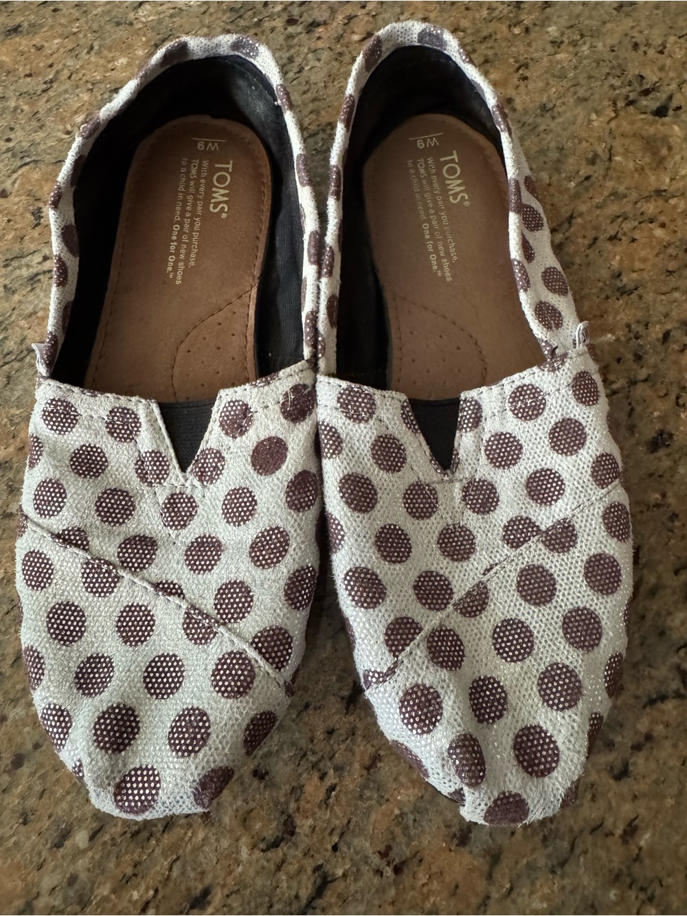 TOMS Beige Canvas Slip-Ons with Brown Polka Dots EUC